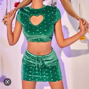 NEW Shein Velvet green heart print top and body on skirt